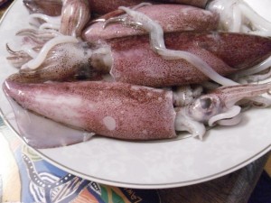 Raw squid with eggs, notice they are lumpy.