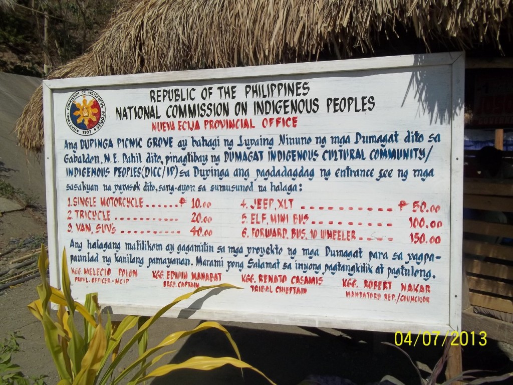 Dupinga picnic grove price list sign