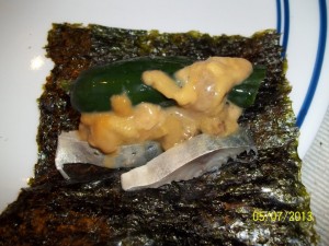 close up of the sushi idea: cucumber, sea urchin, fish ceviche